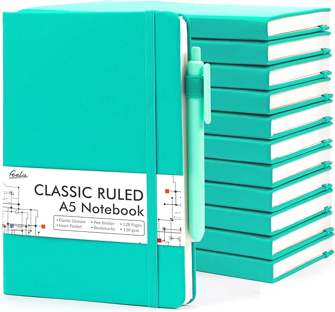 feela 12 Pack Notebooks Journals Bulk, Hardcover Notebook Classic Ruled Lined Journals with Pen Holder for Women Girls School Business Supplies, with 12 Black Pens, 120 GSM, 5.1”x8.3”, A5, Aqua - Bloomnest