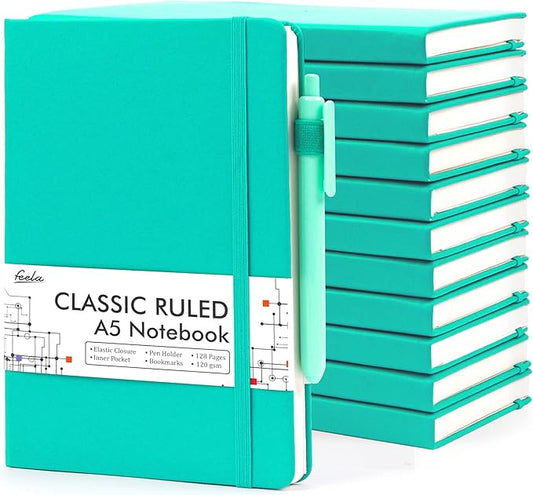 feela 12 Pack Notebooks Journals Bulk, Hardcover Notebook Classic Ruled Lined Journals with Pen Holder for Women Girls School Business Supplies, with 12 Black Pens, 120 GSM, 5.1”x8.3”, A5, Aqua - Bloomnest