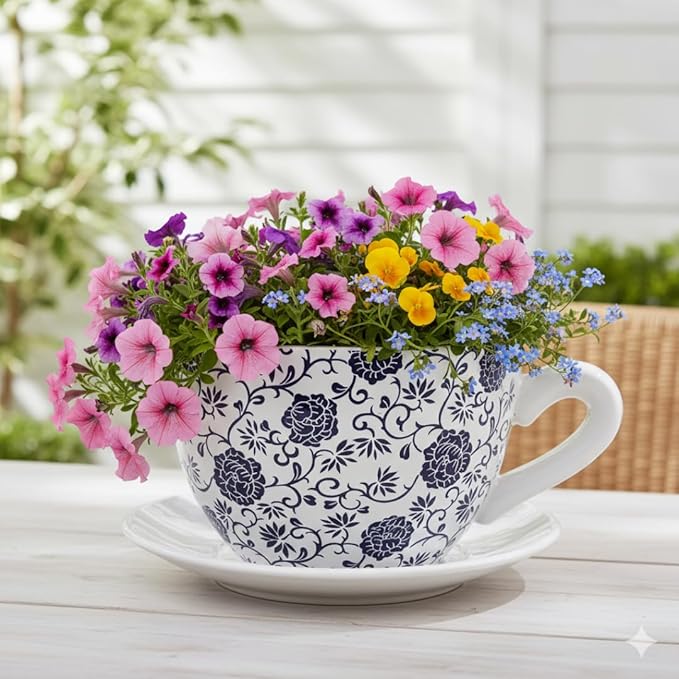 7.5" Ceramic Teacup Planter Pot with Saucer | Ideal for Succulents, Orchids, Herbs & Flowers | Indoor Use| Thoughtful Gift for Birthday, Gift Basket, Sympathy & More – White Blue Floral Teacup Planter - Bloomnest