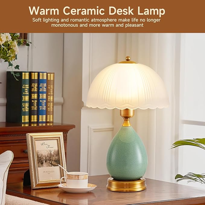 Table Lamps for Bedroom Vintage Golden Table Lamps for Bedroom Ceramic Retro Lamp for Living Room,16" Modern Bedside Nightstand Traditional Lamps, Classic Chinoiserie Green Glass Lamp for Home Decor - Bloomnest