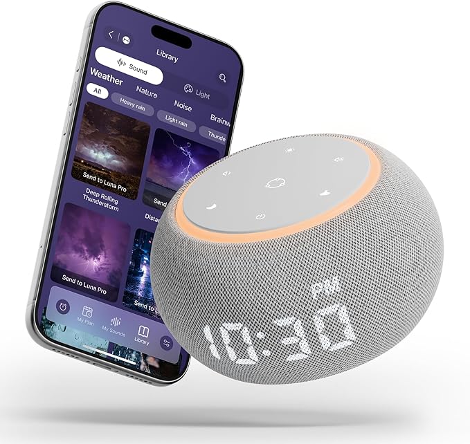 White Noise Sound Machine for Sleep, Dual-Stage Alarm&Snooze, Smart App Control, Custom Buttons, 500+ Non Looping Soothing Sounds, Dimmable Clock, Timer, Night Light, Lullaby, for Baby Adults Kids - Bloomnest