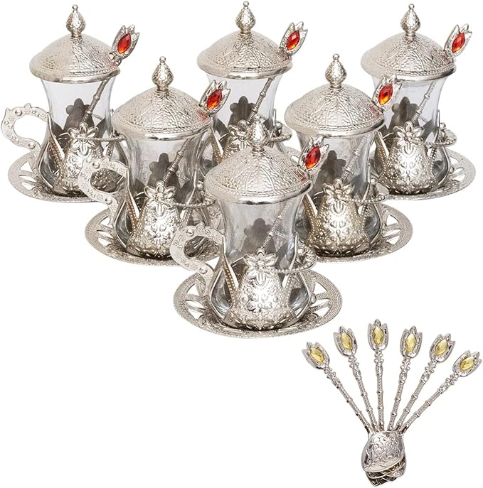 Alisveristime Handmade Turkish Tea Glass Set - Traditional Turkish Motifs, Set of 6 with Lids and Bonus Tea Spoons (Silver)