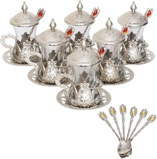 Alisveristime Handmade Turkish Tea Glass Set - Traditional Turkish Motifs, Set of 6 with Lids and Bonus Tea Spoons (Silver)