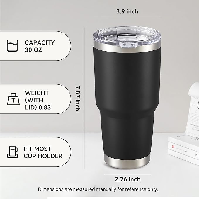 30 oz Tumbler with Lid Stainless Steel Tumblers Vacuum Insulated Cup Reusable Powder Coated Travel Mug Double Wall Leak Proof Portable Cups Keep Cold Drinks for 12 Hours, Black, 1 Pack