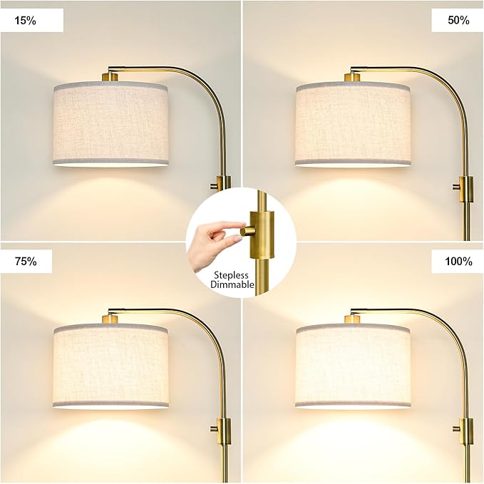 Brass Arc Floor Lamp - Dimmable LED with White Shade for Living Room, Bedroom, Office & More - Bloomnest