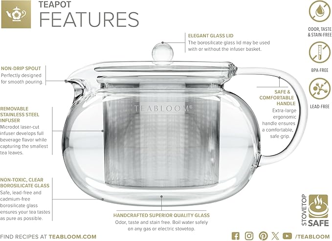 Teabloom Kyoto 2-in-1 Tea Kettle/Tea Maker – Heatproof Glass Teapot with Removable Loose Tea Filter – Tea Connoisseur's Choice - Bloomnest