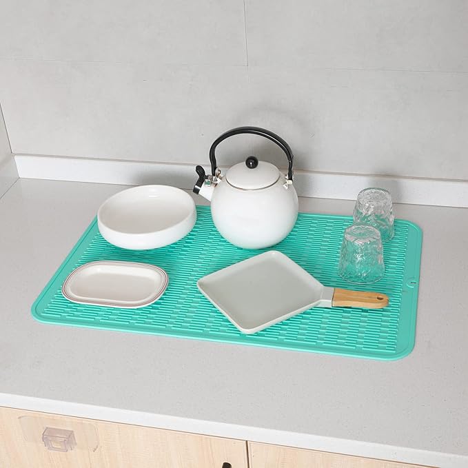 Silicone Dish Drying Mat for Multiple Usage,Easy clean,Eco-friendly,Heat-resistant Silicone Mat for Kitchen Counter or Sink,Refrigerator or Drawer Liner Mint 3XL 28 inches x 18 inches - Bloomnest