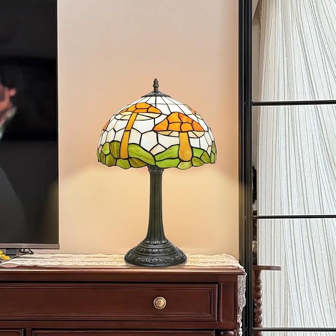 uniquel Vintage Orange mushroom Tiffany lamps Retro Style Stained Glass Table Lamp Cute Aesthetic Bedside Lamp for Bedroom nightstand Night Stand Lighting reading cottage decor desk lamp 12 inch E26 - Bloomnest