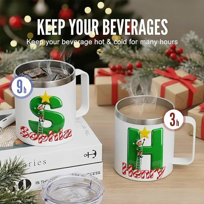 Personalized Christmas Insulated Coffee Mug with Handle – [H] Double Wall Stainless Steel Travel Tumbler for Hot & Cold Drinks – Unique Holiday Gift for Men, Women, & Kids (B124) - Bloomnest