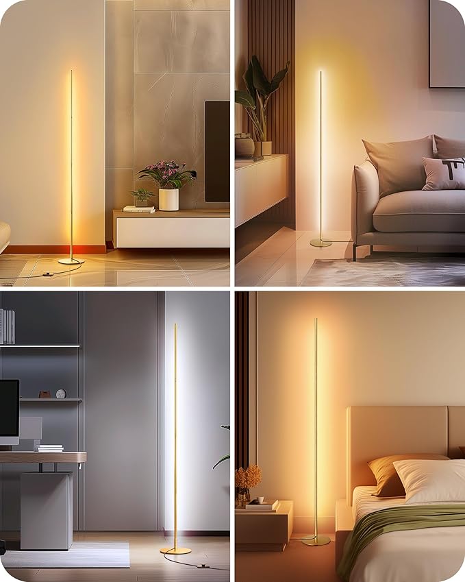 EDISHINE LED Corner Floor Lamp, Dimmable Standing Light with Remote, 7 Color Temperature 2700K-6000K, 57.5" Modern Floor Lamp for Bedroom, Living Room, Office, Gold - Bloomnest