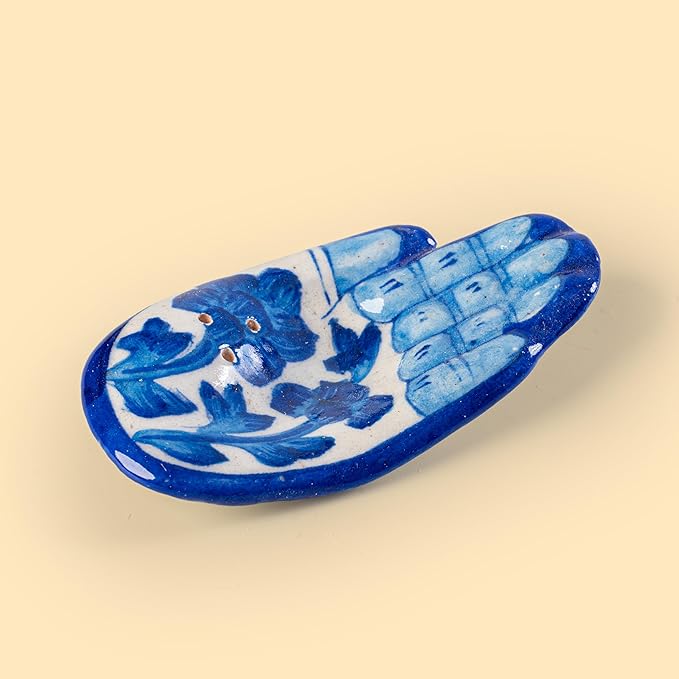Blue Pottery Agarbatti Stand Ceramic Humsa Hand Handicrafted HandShape Design Incense Holder Decorative Accessory for Home Office and Gifting (White and Blue Design-1) - Bloomnest