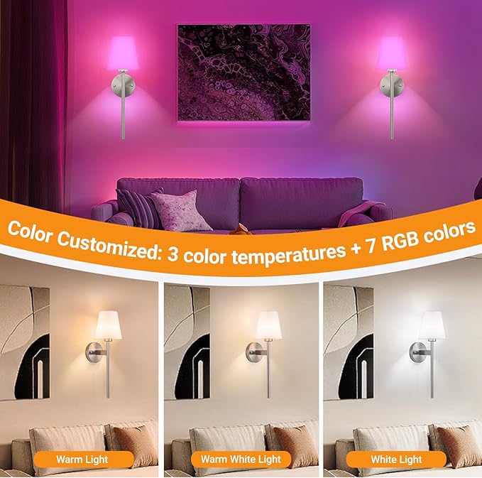 Battery Operated Wall Sconces Set Of 2, Wireless Battery Wall Light With 10000mAh RGB Rechargeable Magnetic Bulb, Rechargeable Wall Sconce With Remote Control For Bedroom, No Electrician Required - Bloomnest