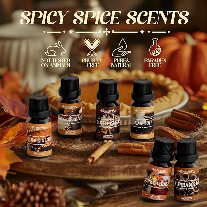 SALUBRITO Spice Fragrance Oils Set, Premium Essential Oils Set for Diffuser, Candle, Soap Making, Warm Fall Scented Oil, Cinnamon, Spiced Cider, Pumpkin Pie, Coffee Cake, Gingerbread, Vanilla - Bloomnest