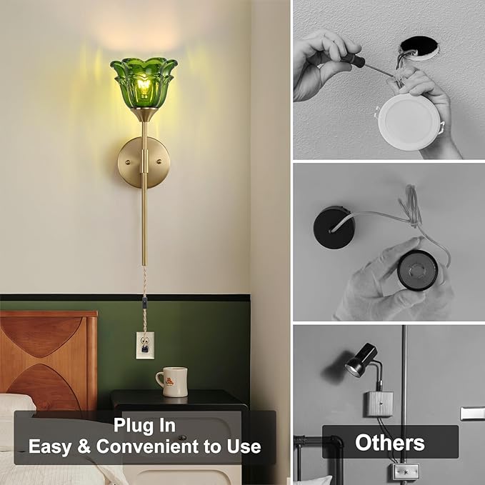 2 Pack Plug in Gold Wall Sconce with Green Glass Shades, Modern Mid Century Bathroom Vanity Wall Light Fixtures, Industrial Brushed Brass Wall Lamp, for Bedroom Mirror Living Room, ETL Listed - Bloomnest