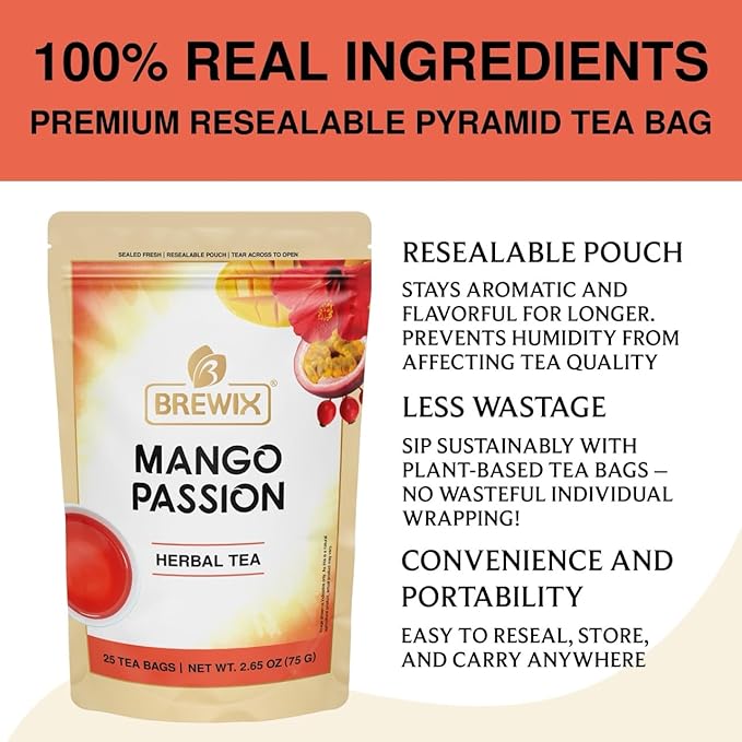 BREWIX, Mango Passion Fruit Herbal Tea Bags – 25 Plant-Based Pyramid Bags | Iced or Hot | Hibiscus, Citrus Peel, Lemongrass | Caffeine-Free & Naturally Uplifting Wellness Brew - Bloomnest