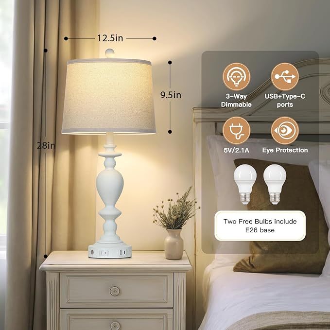 28" White Farmhouse Table Lamps Set of 2 with USB C+A Ports & AC Outlet for Vintage Living Room Rustic Bedroom,3-Way Dimmable Touch Lamp Retro Resin Bedside Lamps for Nightstand Side Table - Bloomnest