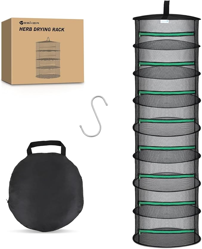 Yesker 8 Layer Herb Drying Rack Hanging Mesh Net Foldable Plant Drying Racks 24" Diameter with Green Zipper & Hook Dryer Hanging Rack for Herbs Seed Bud Fruit Clothes Grow Tent Closets Garden Outdoor - Bloomnest