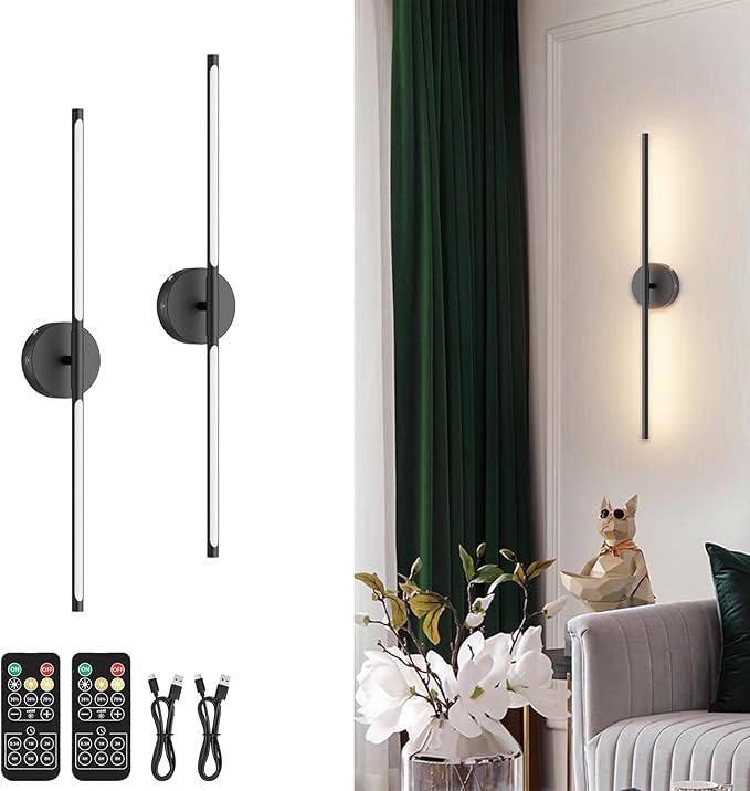 Tipace Battery Operated Wall Sconce with Remote Control,Wall Sconces Set of Two,3000K-6000K LED Wall Light for Bedroom,Hallway,Background Wall,350°Rotate,28 Inch,Black(2 Pack) - Bloomnest