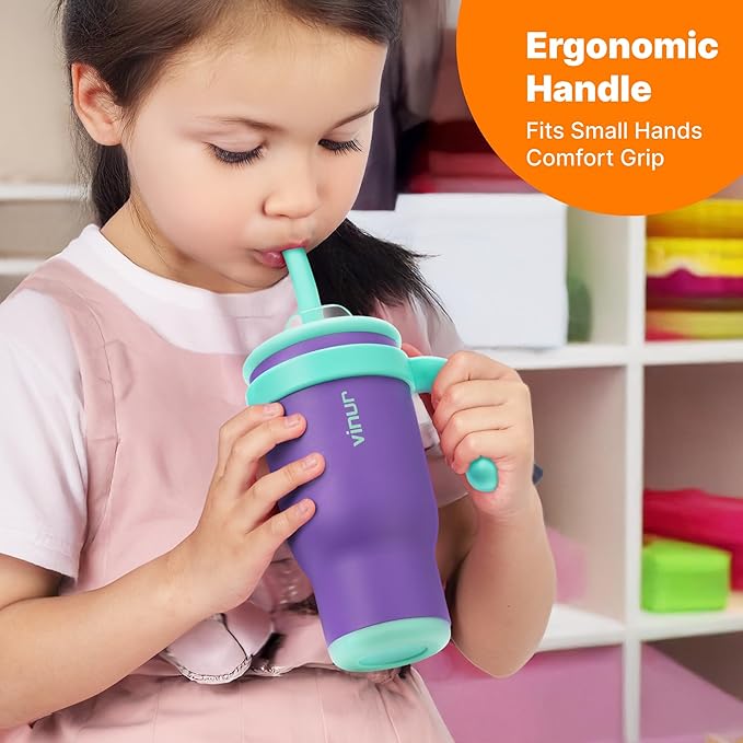 VINUR Kids 17 oz Tumbler with Handle-2 Pack Stainless Steel Insulated Tumbler Water Cup with 2-IN-1 Straw Lid -Gift for Kids Boys Girls(Navy-Purple) - Bloomnest