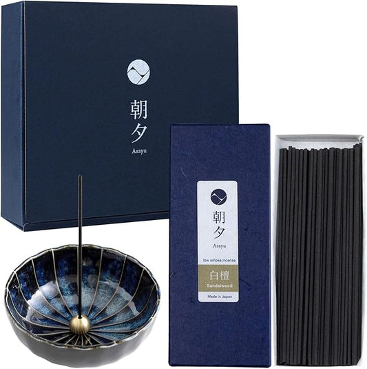 Gift Set: Sandalwood Incense Sticks & Navy Blue Lotus Holder by Asayu Japan - Bloomnest