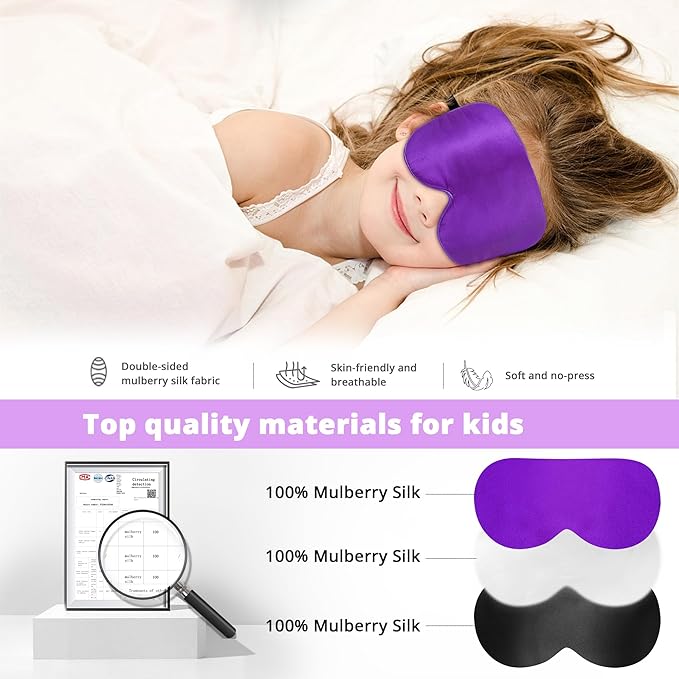 Kids Sleep Mask Eye Cover, 100% Real Natural Pure Silk Eye Mask with Adjustable Strap, Blindfold Kids Eye Mask for Sleeping, Eye Shade for Boys Girls and Adult, Pressure-Free Comfort (Violet) - Bloomnest