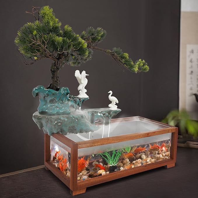 Indoor Relaxation Tabletop Fountain and Waterfall,Tabletop Water Fountains with Fish Tank& LED Light for Home Office - Bloomnest