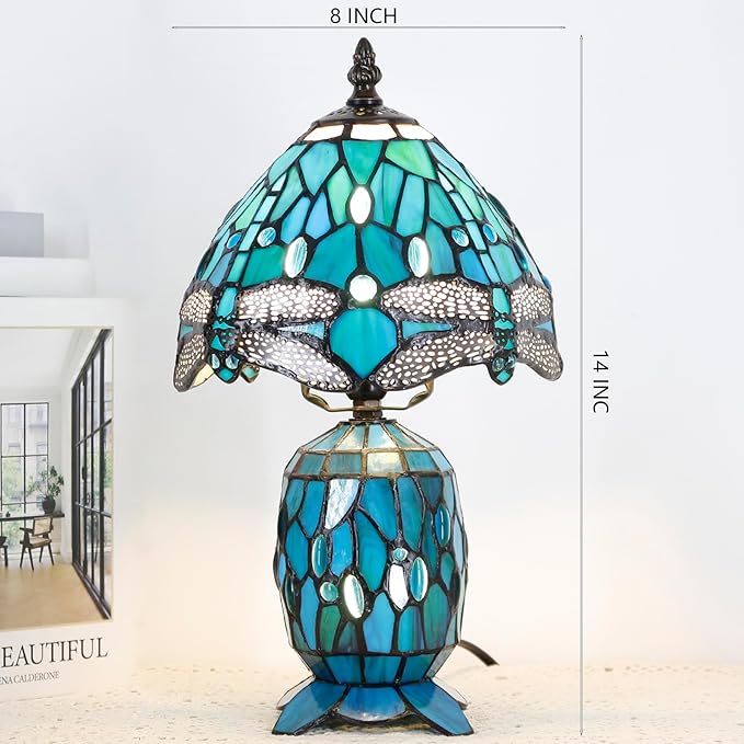 Small Tiffany Lamp Stained Glass Table Lamp Mini Mother Daughter Vase Desk Accent Light for Bedroom Bedside Reading Home Antique Style Decor 8X14 Inches (Green Dragonfly) - Bloomnest