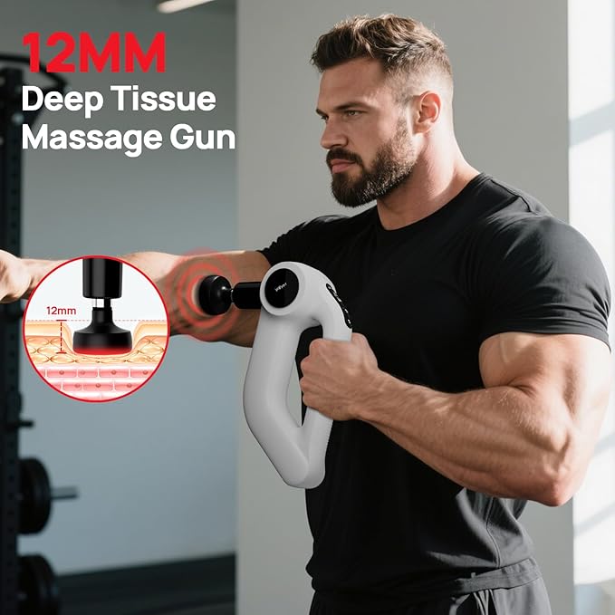 Deep Tissue Massage Gun with Heat, 12mm Amplitude Percussion Massager for Athletes & Muscle Relief, Professional Handheld Masssger Gun for Neck, Back, Shoulder, Leg, Gift for Men, White - Bloomnest