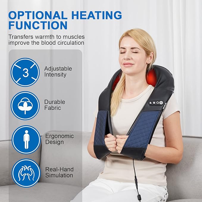 Neck and Shoulder Massager with Heat Shiatsu Back Massage Pillow with 3D Deep Tissue Kneading for Foot, Legs, Body Muscle Pain Relief, Use at Home, Office & Car - Bloomnest