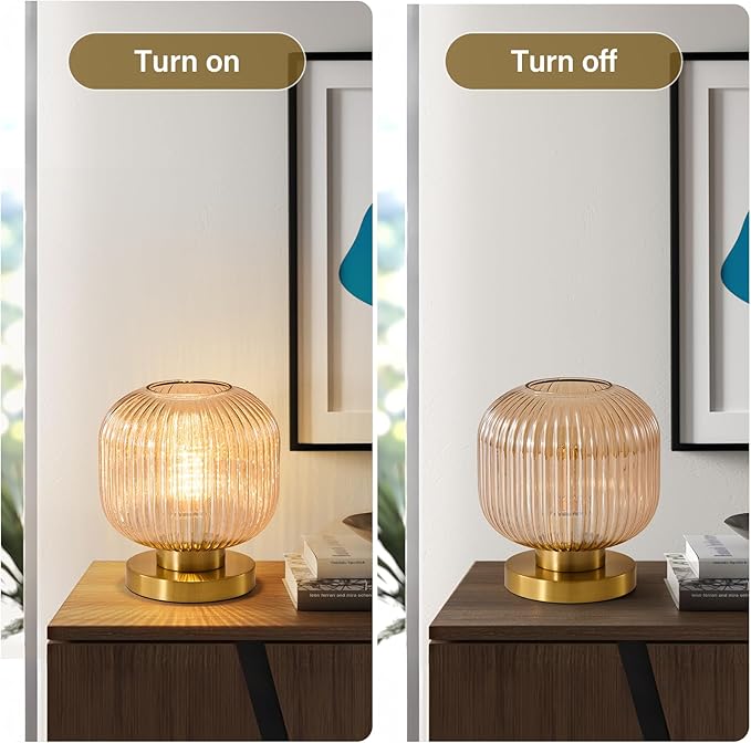 Mid Century Globe Table Lamp: Amber Vintage Pumpkin Ribbed Glass Dimmable Plug in Bedside Lamps - Cute Brass Gold Modern Side Table Lamp Nightstand Light for Bedroom Entryway Office Desk Living Room - Bloomnest