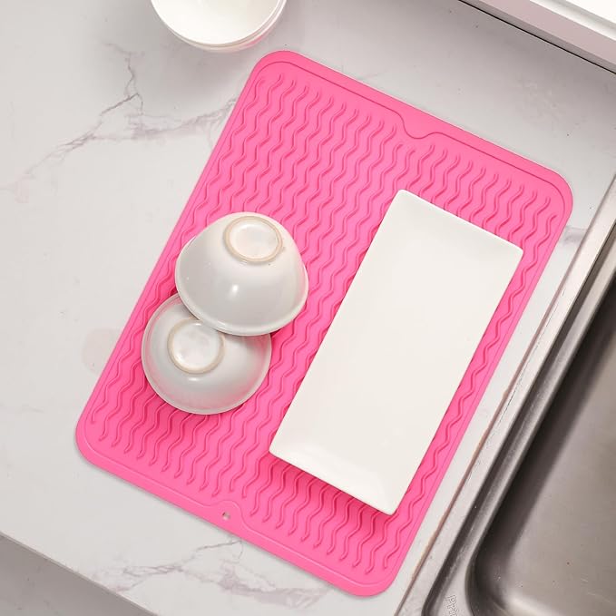 Silicone Dish Drying Mat for Multiple Usage,Easy clean,Eco-friendly,Heat-resistant Silicone Mat for Kitchen Counter or Sink,Refrigerator or drawer liner Rose L 16 inches x 12 inches - Bloomnest