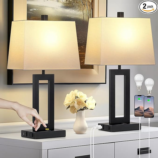 Table Lamp Set of 2 with USB C+A Ports & AC Outlet, Bedside Lamps, Modern Bedroom Lamps, Black Lamps for Night Stands Bedroom Living Room,Nightstand Lamp - Bloomnest