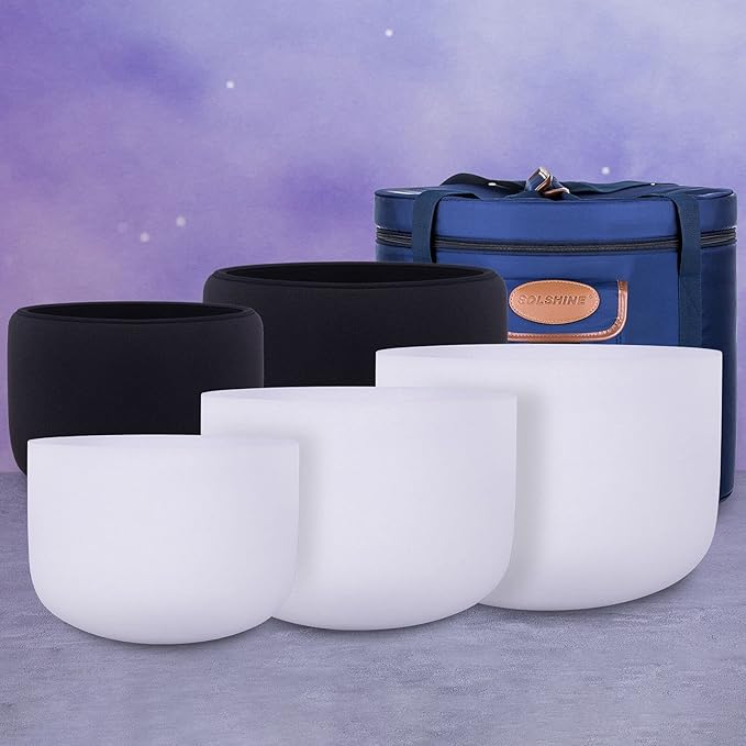 SOLSHINE 3PCS 8inch 10inch 12inch Crystal Singing Bowl Set 432Hz,Ｃ F B Chakra Tuned with Sounds Bowl Mallet Suede Strikers and O-rings, Carry Bag for Meditation, Yoga, Spiritual, Body Healing - Bloomnest