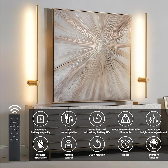 Battery Operated Wall Sconce USB Rechargeable Sconces, 39.3" Brushed Gold Wireless Wall lamp Set of 2, 3000K-6000K & Dimming with Remote Control, LED Wall Lights for Living Room, Bedroom - Bloomnest