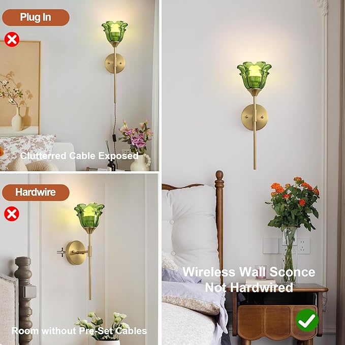2 Pack Battery Operated Wall Sconce with Green Glass Shades, Wireless Rechargeable RGB Wall Light with Remote Control, for Bedroom Mirror Living Room - Bloomnest