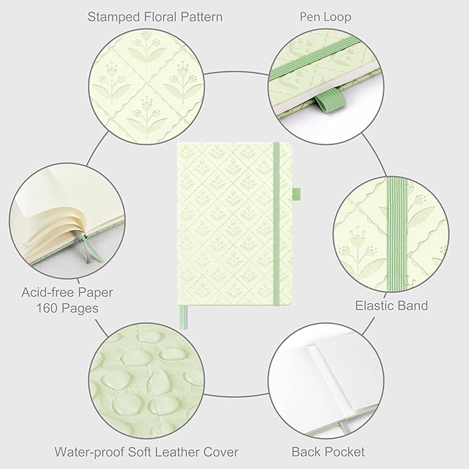 &And Per Se Dotted Journal Notebook for Women&Men with Pattern, A5 Leather Hardcover, 160 Pages 100GSM Thick Dotted Paper, 3 Sheets of Stickers Included(Light Green) - Bloomnest