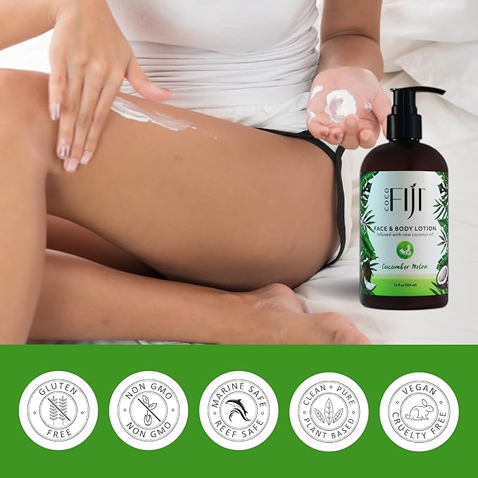 Coco Fiji Face & Body Lotion Infused With Coconut Oil | Lotion for Dry Skin | Moisturizer Face Cream & Massage Lotion for Women & Men | Cucumber Melon 12 oz, Pack of 3 - Bloomnest