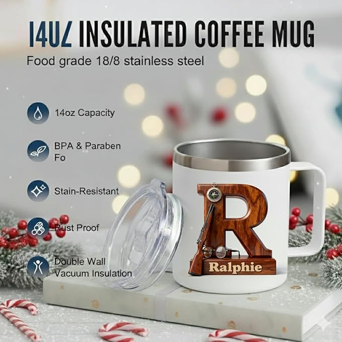 Personalized Christmas Story Mug with Custom Name & Ralphie Initial - 14oz Insulated Tumbler with Handle & Lid - Funny Red Ryder Movie Fan Gift for Men, Dad, Husband (B63) - Bloomnest