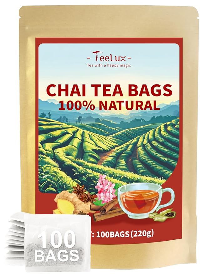 TeeLux Chai Black Tea, Black Tea with Cinnamon, Ginger, Clove & Star Anise, Mellow & Spicy Flavor, Natural, 100 Count - Bloomnest