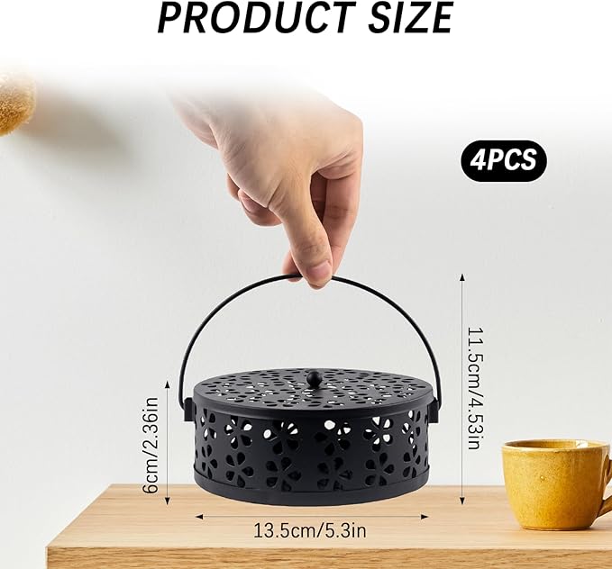4 Pcs Mosquito Coil Holder Incense Coil Holder, Retro Iron Portable Hanging Outdoor Incense Burner Holder with Handle Round Metal Incense Holder for Home Camping Indoor Outdoor Patio (Black) - Bloomnest