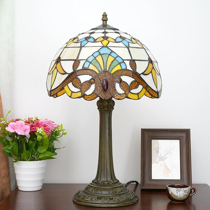 Tiffany Lamp Stained Glass lamp 12 inches Bedside Table Lamps for Living Room Bedroom Dorm Kitchen Home Decor Festival Birthday Gift,Yellow Baroque - Bloomnest