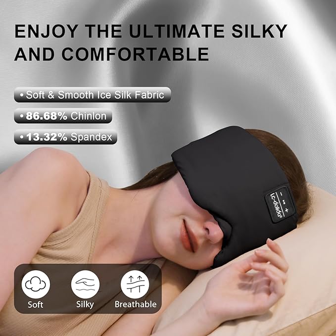LC-dolida Sleep Mask with Bluetooth Headphones, Ice Silk Sleep Headphones with Bluetooth 5.4, Total Blackout Eye Mask for Sleeping, Sleep Soft Mask for Women Men, All Night Sleep, Travel(Black) - Bloomnest