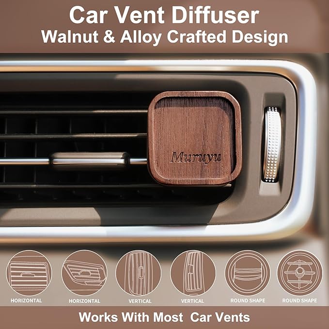 Car Diffuser, Walnut Wood & Zinc Alloy with Magnetic Cover, Refillable Car Air Freshener with 2 Refill Pads, Elegant Auto Decor (No Essential Oils) - Bloomnest