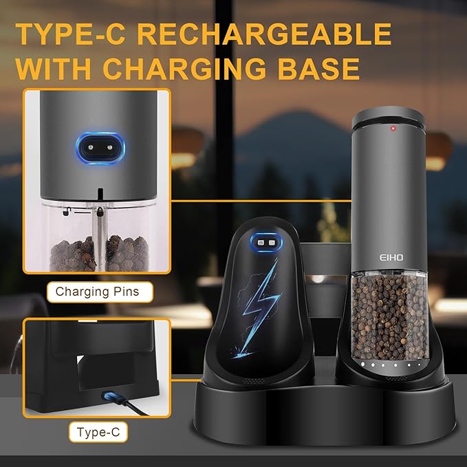 Electric Salt and Pepper Grinder Set Rechargeable, External Adjustable Coarseness, Automatic Salt & Pepper Shakers Mills, Kitchen Gadgets,Stocking Stuffers Christmas Cooking Gifts for Adults Men Women - Bloomnest