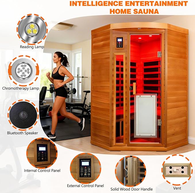 2-3 Person Corner Far Infrared Sauna for Home, 1760W Ultra-Low EMF（0-1mG） Indoor Red Cedar Wood Sauna Room with 8 Heating Panels, Dual Control Panel, Bluetooth Speaker & Chromotherapy Lights KUNSANA