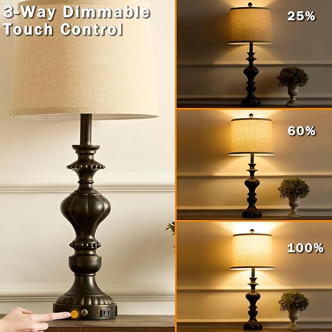 27.5" Farmhouse Table Lamps Set of 2 Bedside Lamp with USB C+A Ports & AC Outlet, 3 Way Dimmable Touch Lamps for Living Room Bedroom Office Hallway Rustic Nightstand Traditional Lamp - Bloomnest