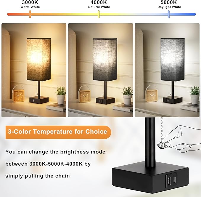 Bedside Table Lamps Set of 2 - Black Bedroom Lamps with 3 Color Temperatures (3000K/5000K/4000K), Two Square Nightstand Lamps with USB C + A Charging Ports, Pull Chain Small Night Light for End Table - Bloomnest