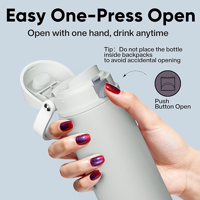 Insulated Water Bottle with Straw - Encool Stainless Steel Water Bottle with Push Button Lid, Leak-Proof & BPA-Free, Keeps Cold for 24 Hours for Sports, Travel, Gym (24 oz, Silver Grey) ENCOOL