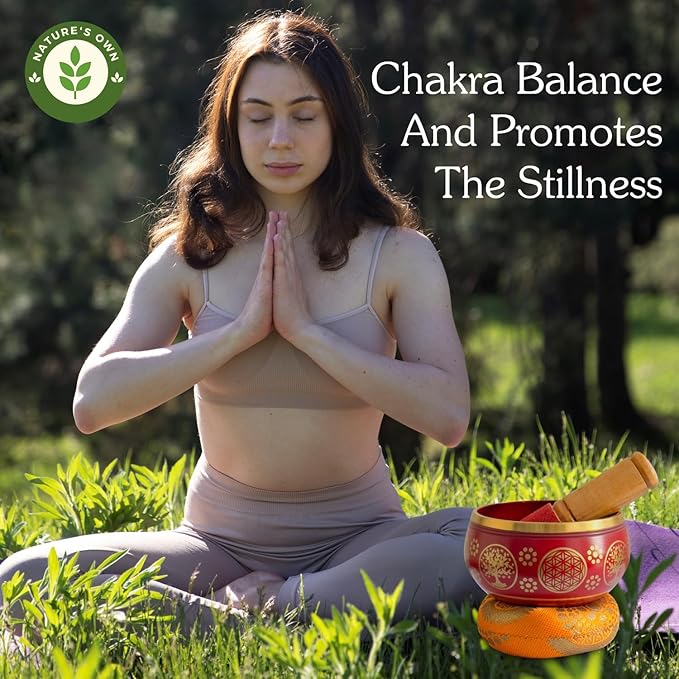 Nature’s Own Buddhist Tibetan Singing Bowl for Meditation - Authentic Metal OM Sound Bowl, Tibetan Prayer Instrument with Wooden Stick, Red 3.5 Inches - Deep Resonance for Healing & Relaxation - Bloomnest