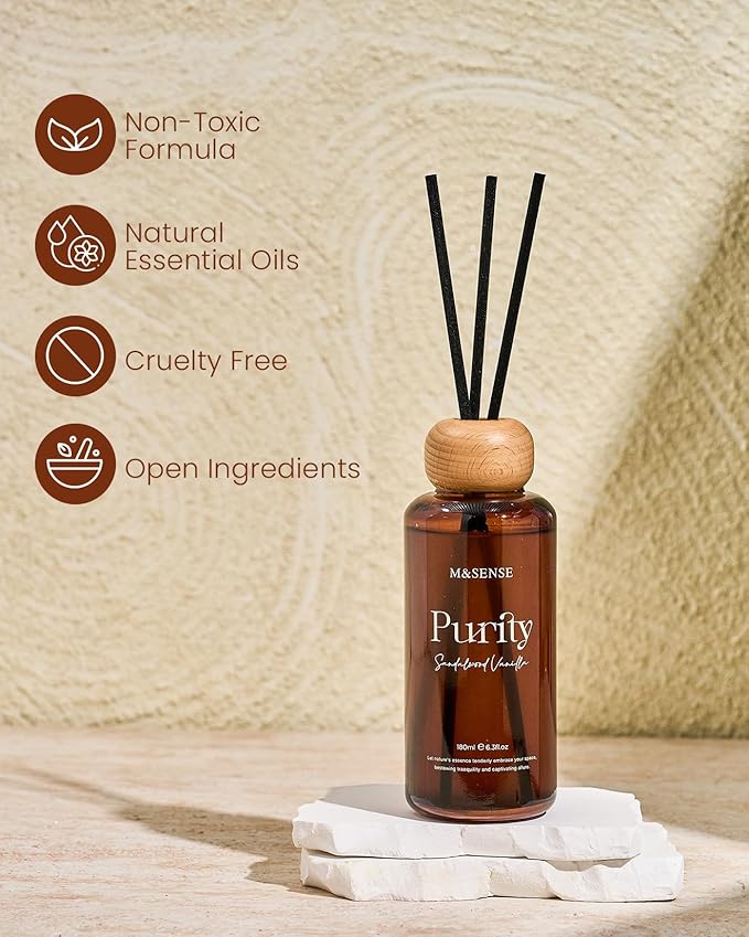 M&SENSE Sandalwood Vanilla Reed Diffuser: Upgraded Formula 6.3 fl oz Non-Toxic Aroma Set with Sticks, Long-Lasting Natural Essential Oil Gifts for Home, Bedroom